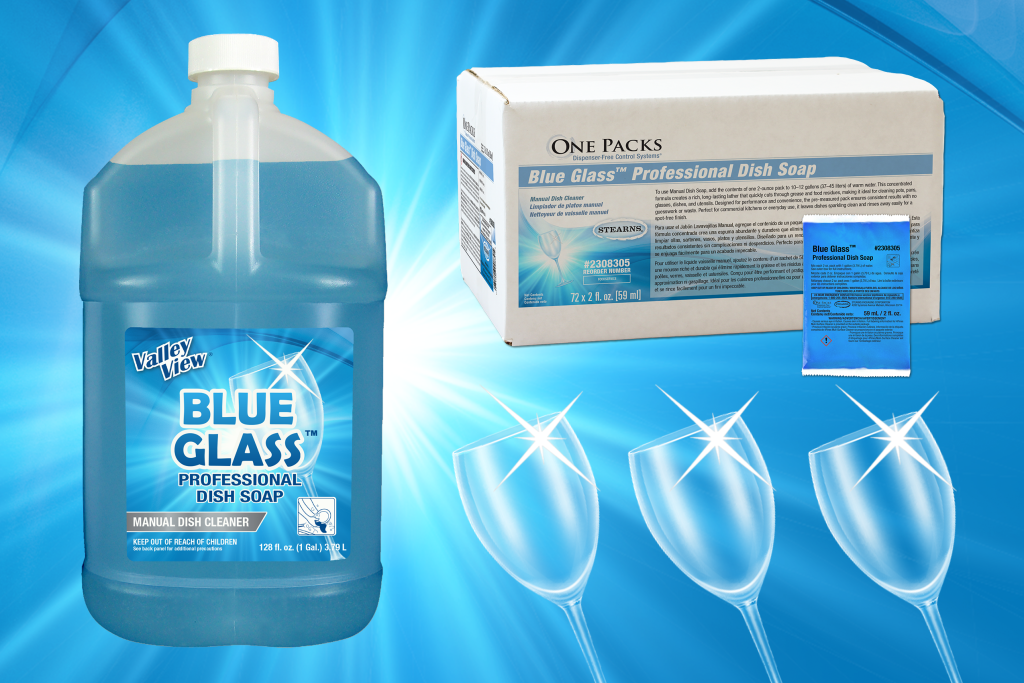 One Packs and Valley View Blue Glass Professional Dish Soap Cleaner