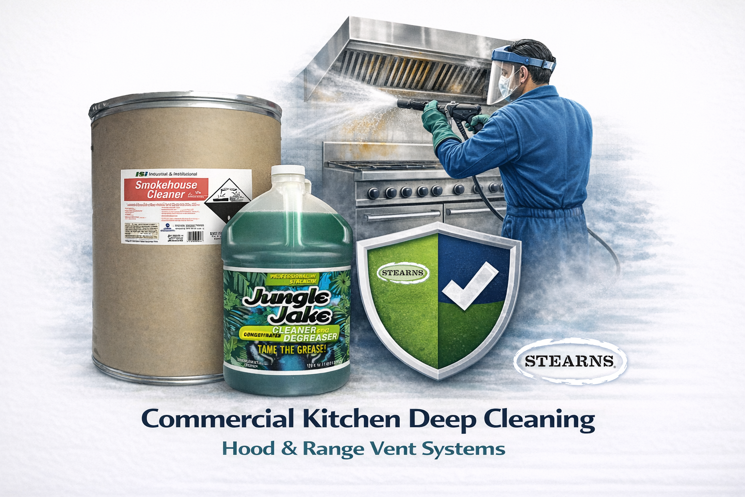 Commercial kitchen hood and range vent deep cleaning with industrial degreaser for food safety compliance