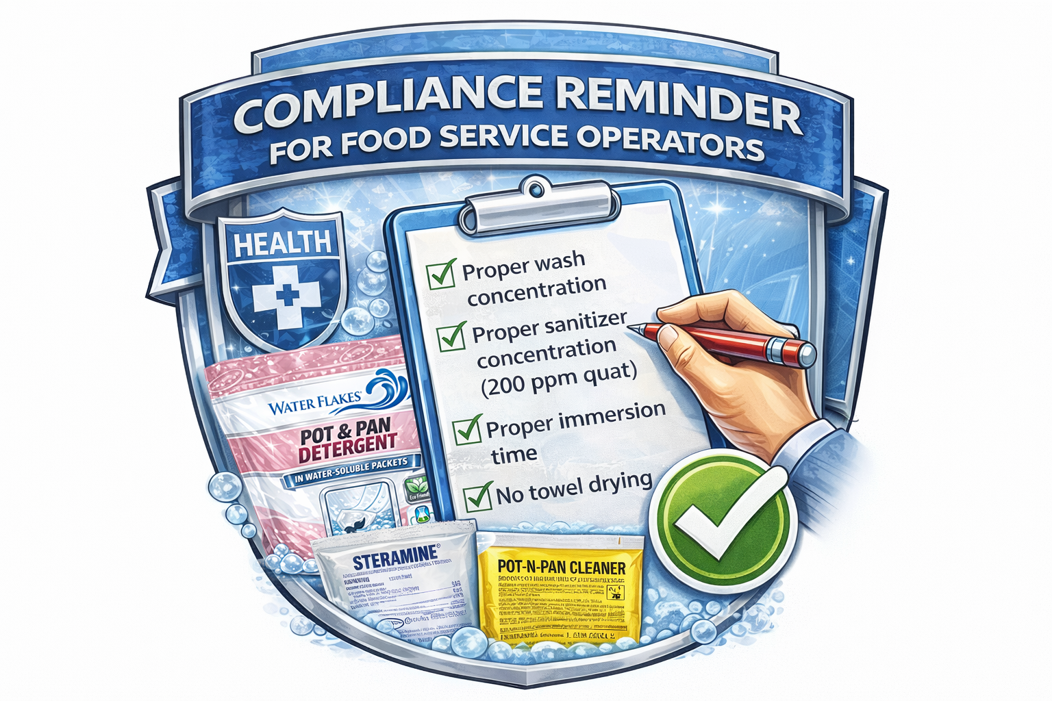 Food service compliance reminder checklist showing proper wash concentration, 200 ppm sanitizer strength, immersion time, and air drying