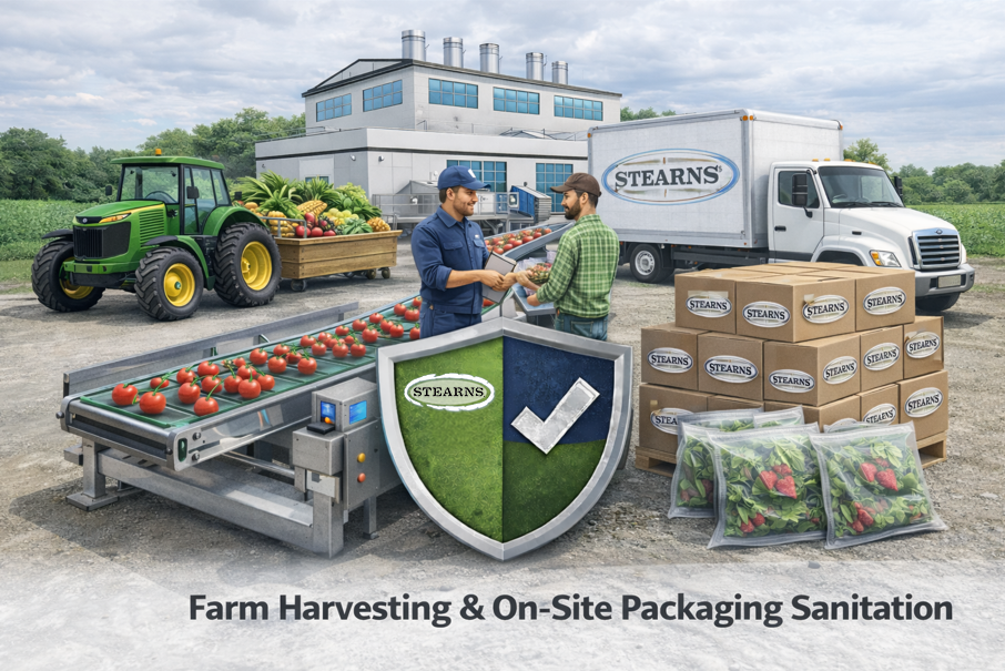 Farm harvesting and on-site packaging sanitation with produce conveyor, STEARNS truck, and food safety shield