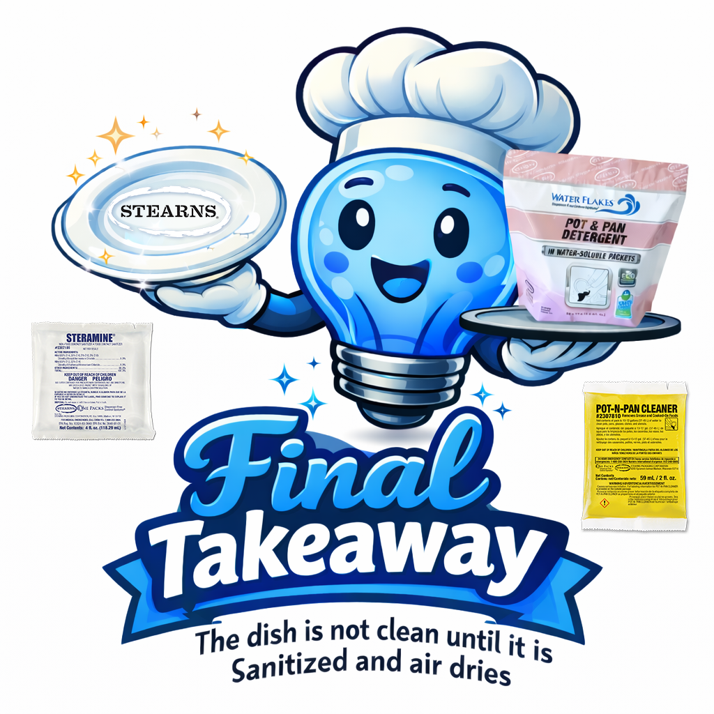 Final takeaway graphic stating dishes are not clean until sanitized and air dried, featuring Stearns dishwashing and sanitizing products