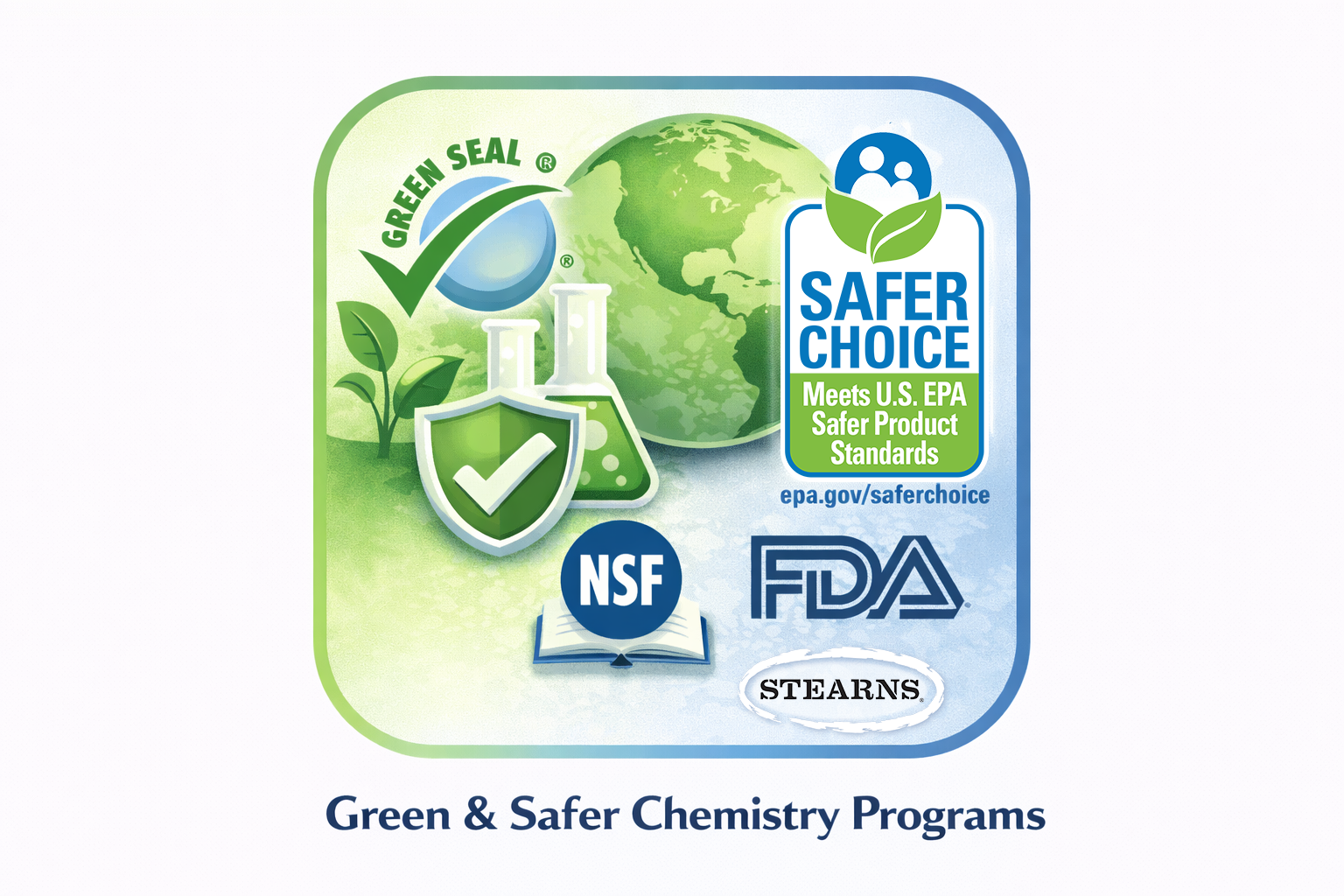 Green Seal and EPA Safer Choice certified cleaning products supporting sustainable sanitation programs