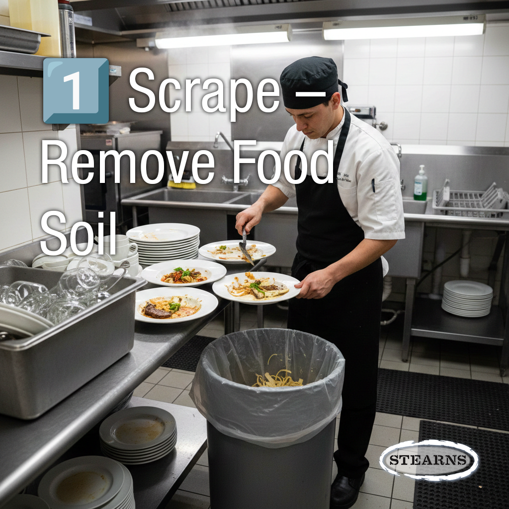 Step 1 hand dishwashing scraping and removing food soil from plates before washing in a commercial kitchen