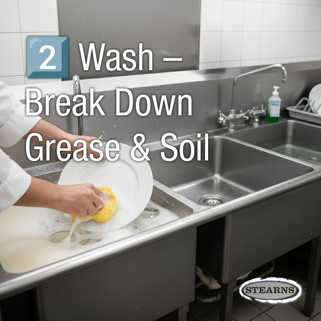 Step 2 of 5 step hand dishwashing system washing dishes to break down grease and soil in a commercial three compartment sink