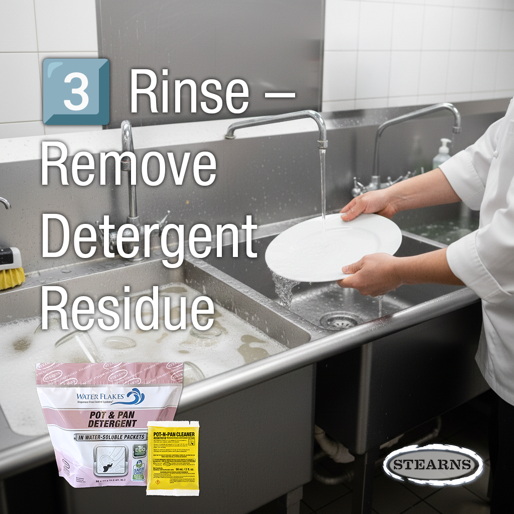 Step 3 hand dishwashing rinsing dishes in a three compartment sink to remove detergent residue in food service operations