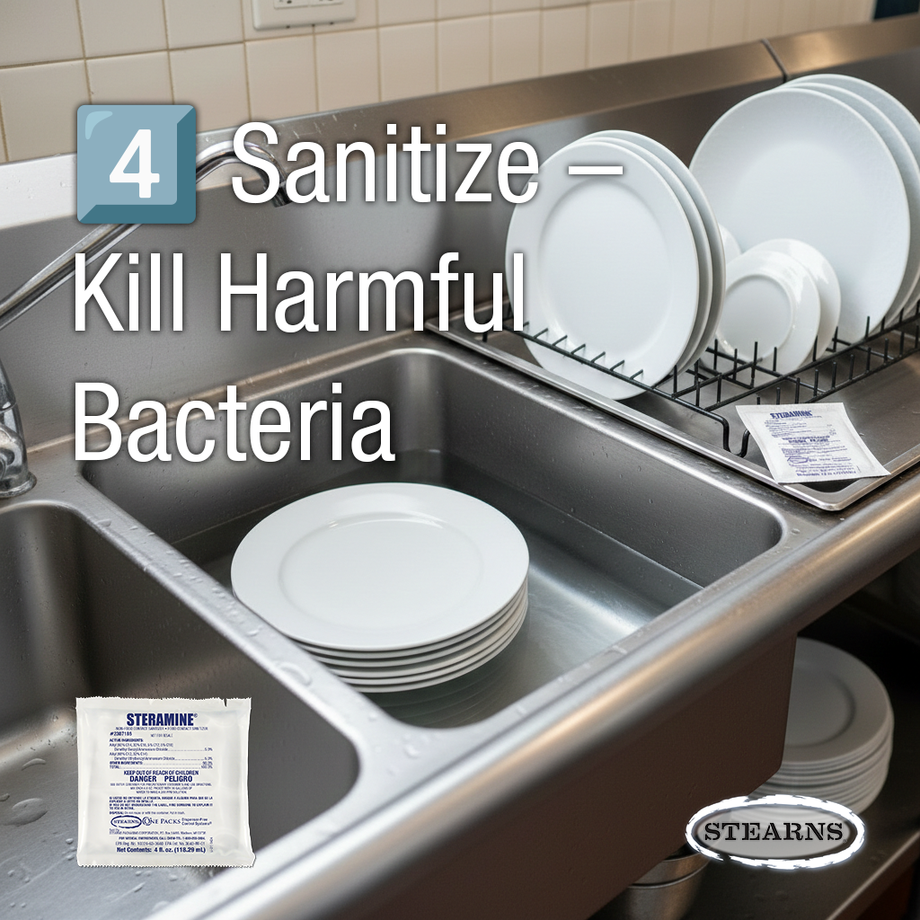 Step 4 hand dishwashing sanitizing dishes at 200 ppm to kill harmful bacteria using Steramine in a three compartment sink