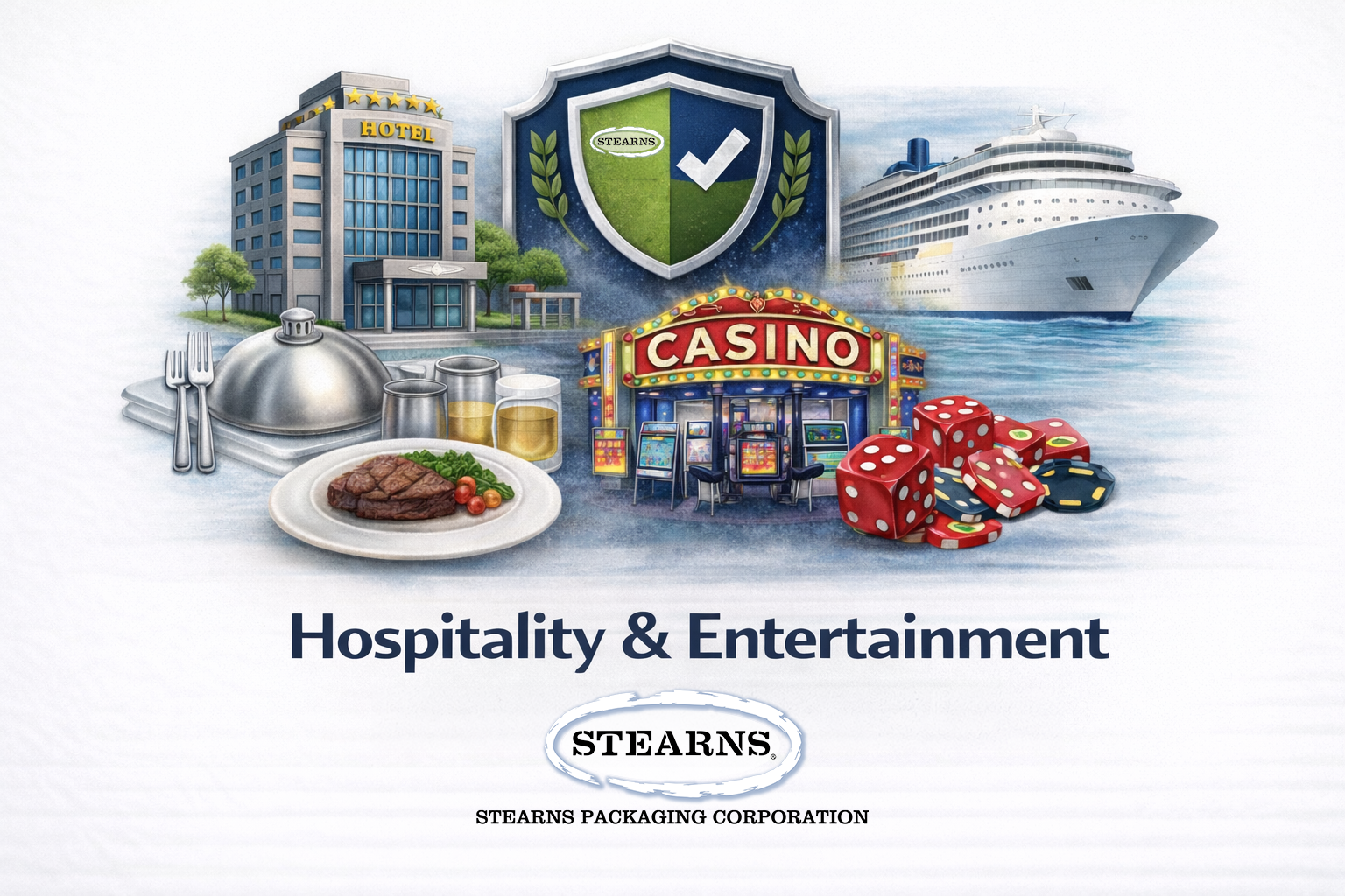 Hotel, cruise ship, and casino illustrating sanitation programs for hospitality and entertainment venues
