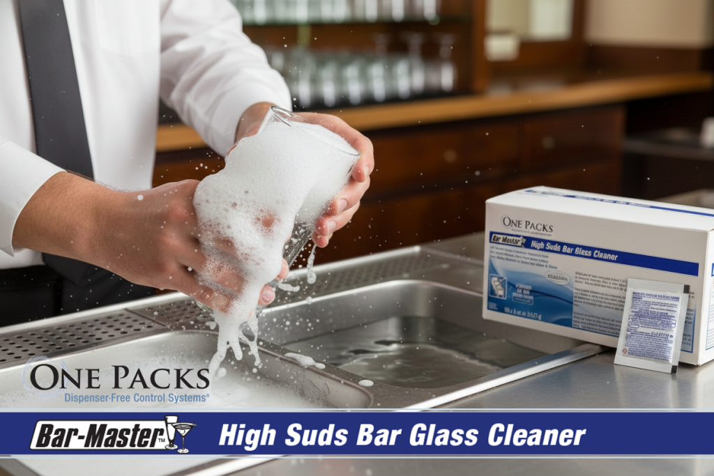 One Packs Bar-Master High Suds bar glass cleaner for commercial bar washing