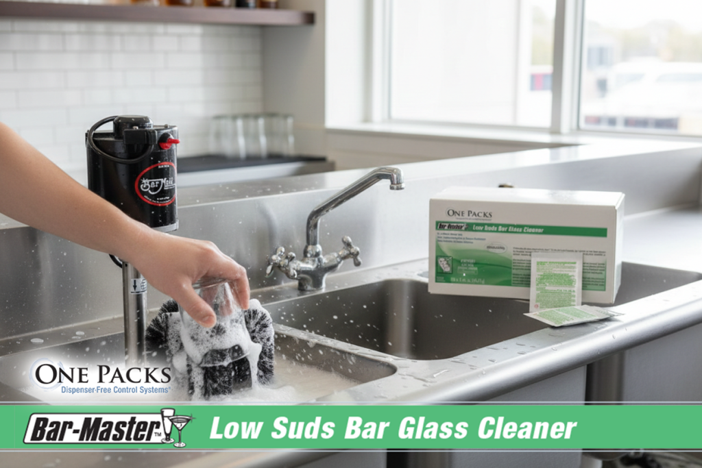 One Packs Bar-Master Low Suds bar glass cleaner in three-compartment sink system