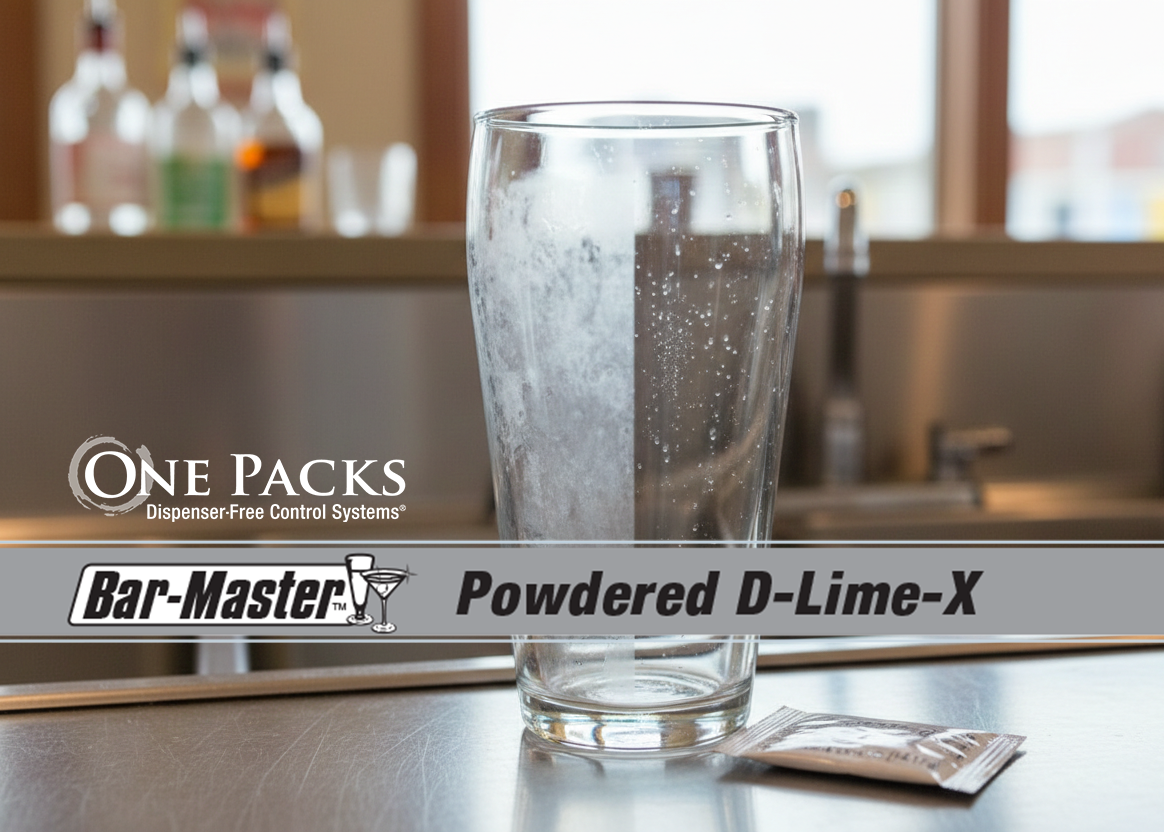 One Packs Bar-Master Powdered D-Lime-X for removing mineral buildup from bar glassware