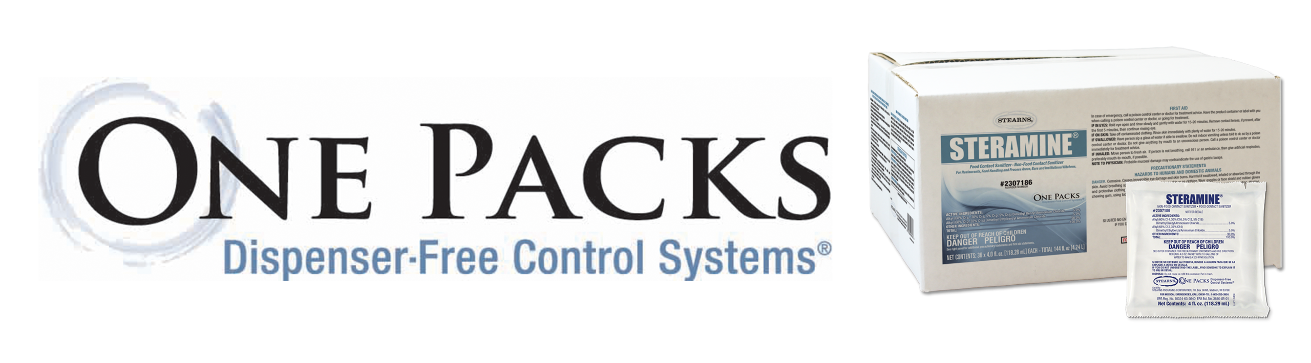 One Packs Steramine sanitizer box and packet by Stearns Packaging for 200 ppm quaternary sanitizing in commercial kitchens
