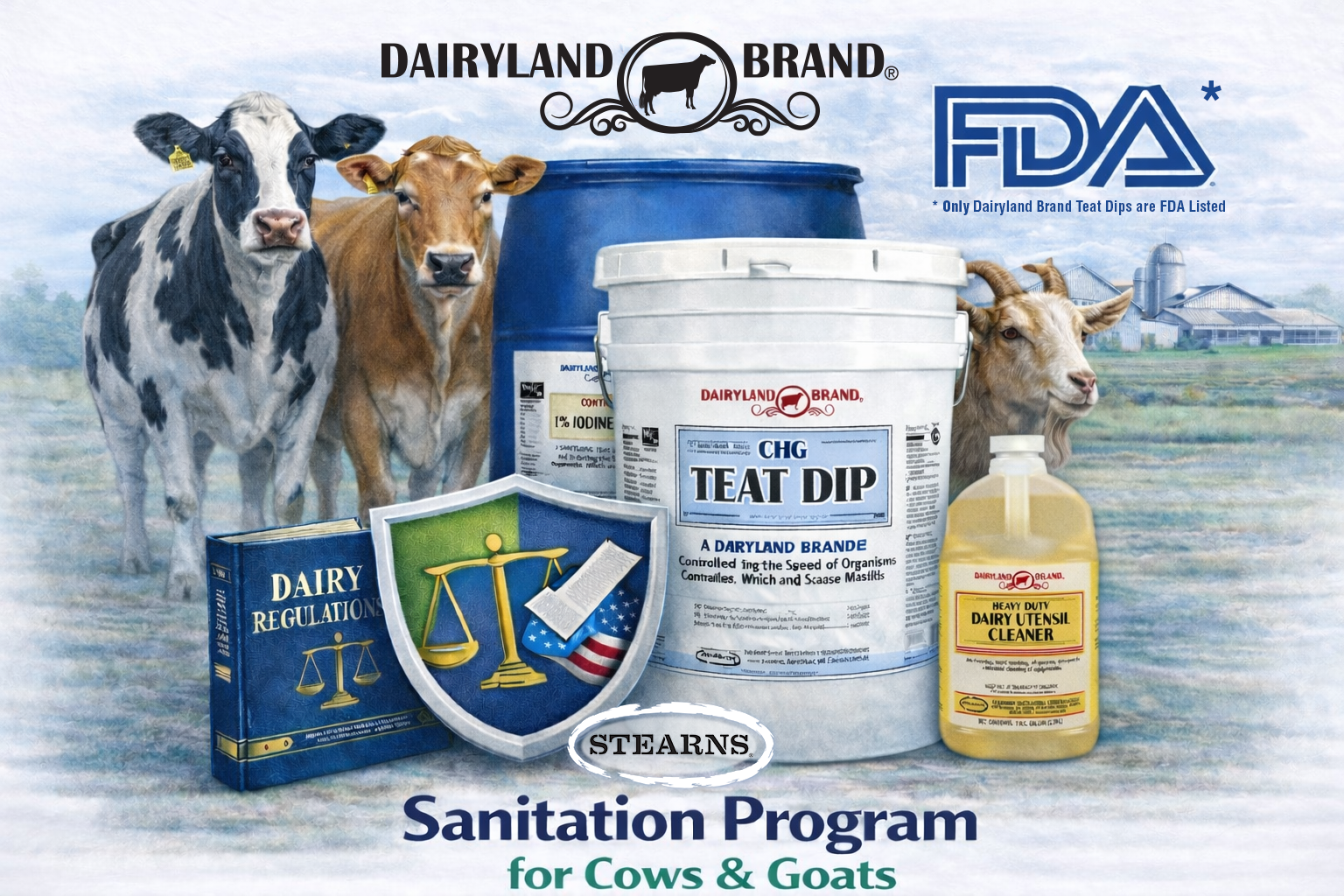 Dairy sanitation program for cows and goats featuring FDA-listed teat dip and dairy cleaning solutions