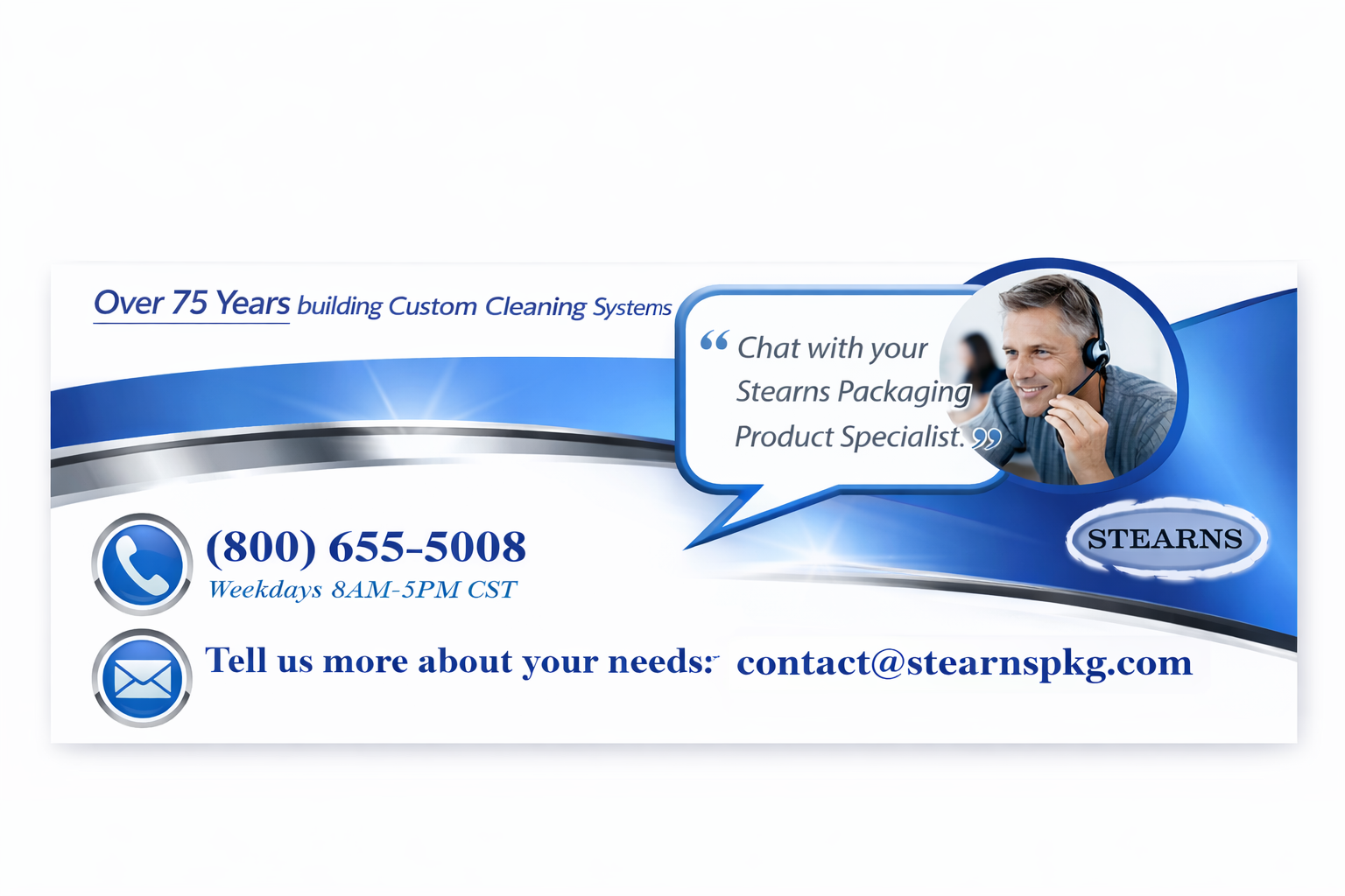 Contact Stearns Packaging for custom cleaning systems support with phone number and product specialist assistance