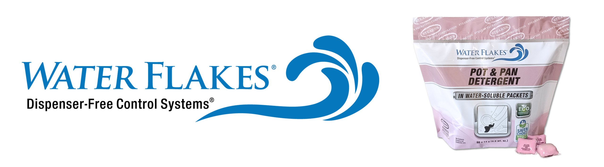 Water Flakes Pot and Pan Detergent in water-soluble packets by Stearns Packaging, dispenser-free control system for commercial food service dishwashing