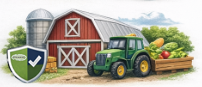 Farm, tractor, and fresh produce symbolizing agricultural sanitation and food processing safety