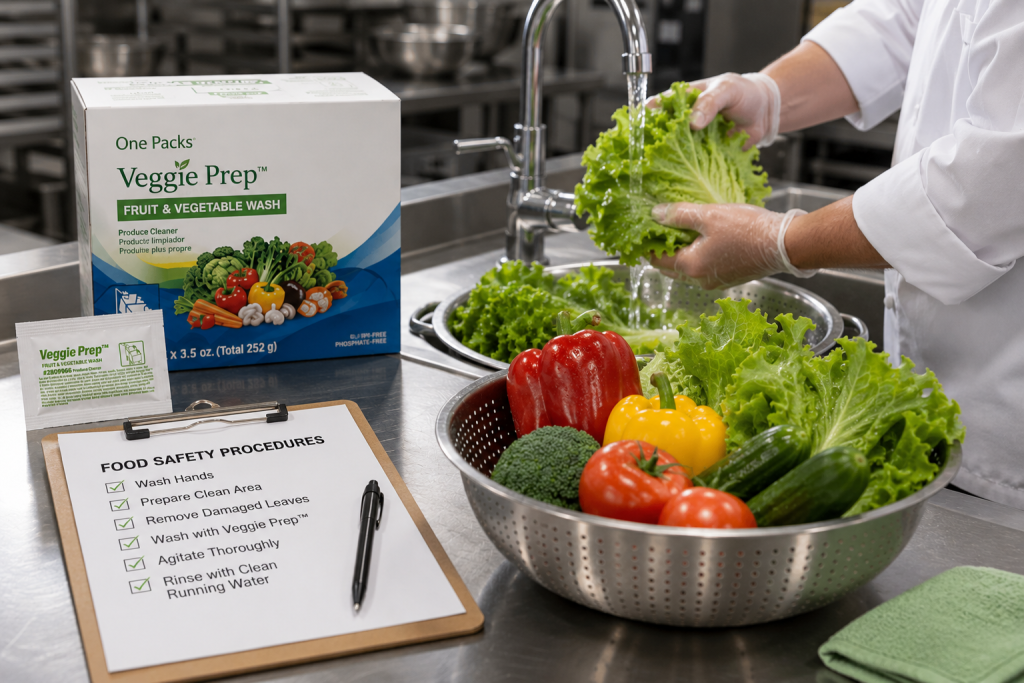 Fresh vegetables being rinsed after soaking in One Packs Veggie Prep Fruit & Vegetable Wash.