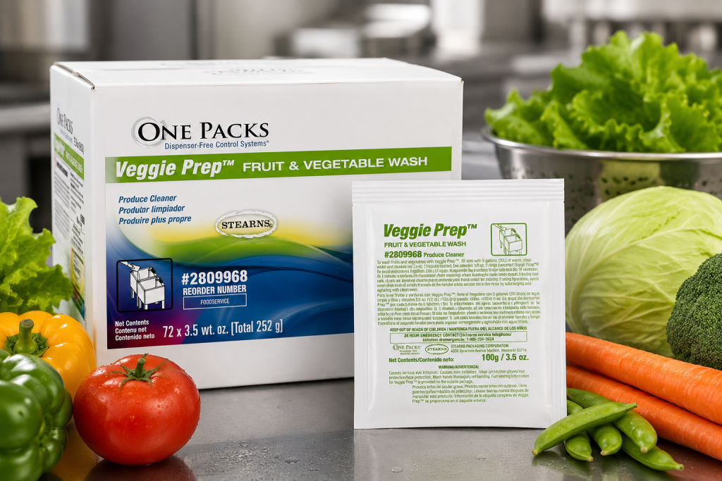One Packs Veggie Prep Fruit & Vegetable Wash with fresh vegetables for commercial produce cleaning.