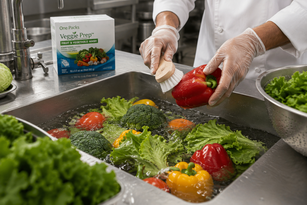 Food-service employee scrubbing a red bell pepper while washing fresh produce with Veggie Prep solution.