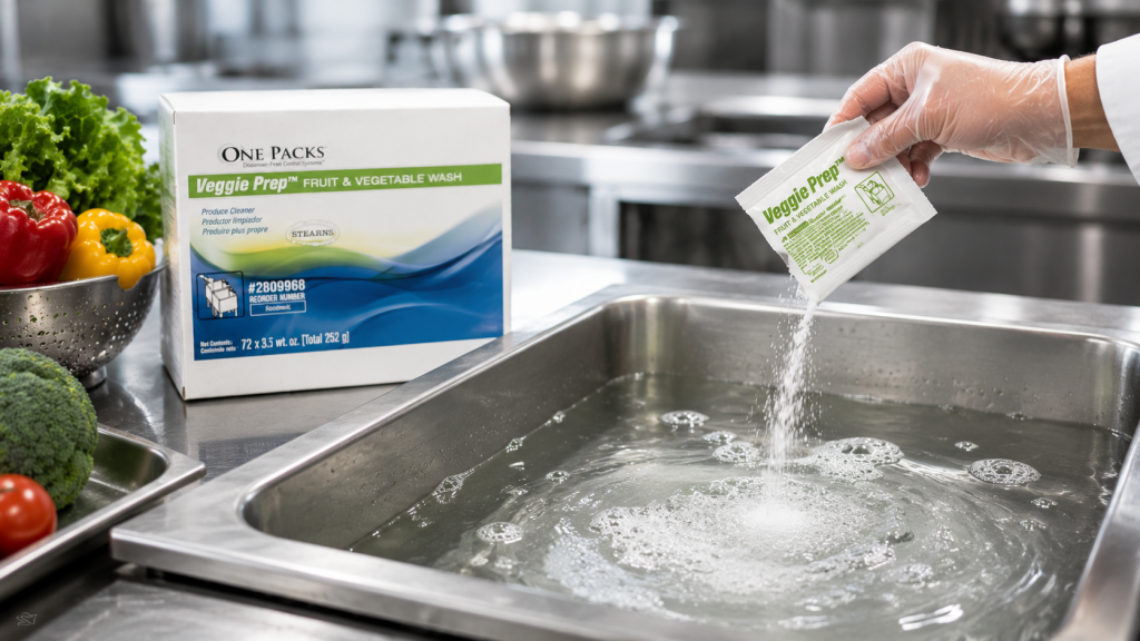 One Packs Veggie Prep Fruit & Vegetable Wash being added to a produce wash sink in a commercial kitchen.
