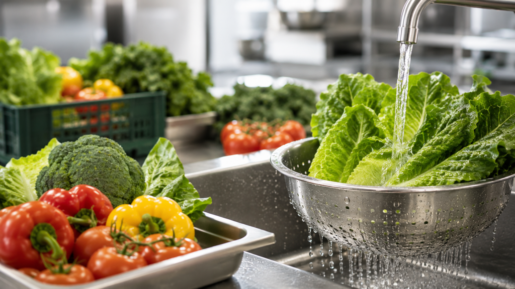 Romaine lettuce being washed under clean running water as part of a commercial produce washing process.